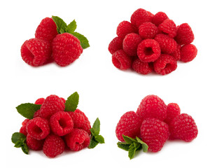 Set of raspberries group. Composition of red raspberries with green mint leaves. Isolated on a white background.