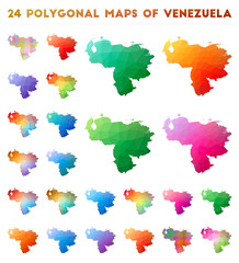 Set of vector polygonal maps of Venezuela. Bright gradient map of country in low poly style. Multicolored Venezuela map in geometric style for your infographics.