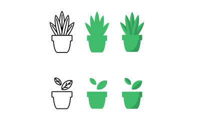 House plants vector icons. Minimalistic flat and linear indoor plants illustration. Sansevieria and Chinese money plants. 