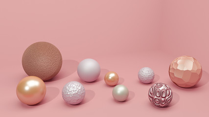 Beautiful pearls set on pink minimalist background, realistic 3d illustration. Big pink, white balls in different textured and shapes in empty studio room. Decorative spheres composition.