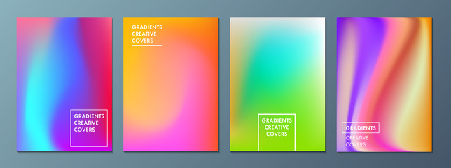 Fototapeta premium Vector illustration of bright color background with mesh gradient texture for minimal dynamic cover design. Blue, pink, yellow, green placard poster template. EPS 10