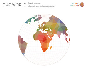 Low poly world map. Chamberlin projection for Africa projection of the world. Colorful colored polygons. Stylish vector illustration.