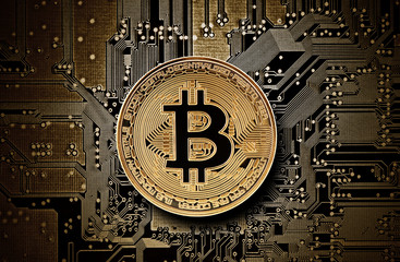 Bitcoin golden coin on computer circuit board 