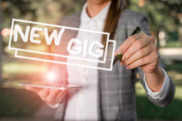 Text sign showing New Gig. Business photo showcasing getting job Attending live Concert Gigabyte Freelancer offer Outdoor background with business woman holding lap top and pen