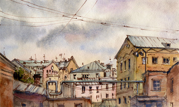 City landscape.  Sketch ink and watercolor
