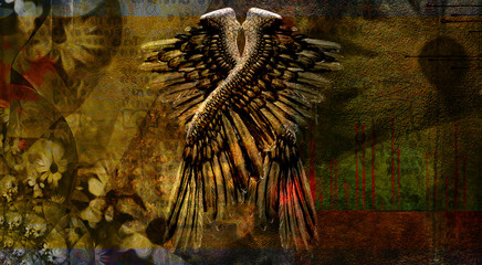 Dark art composition. Angels Wings. Flower pattern
