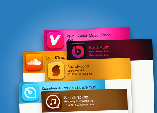 Popular applications for music on computer display. Include: Soundcloud, Vevo, Soundwave and other