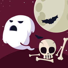 Halloween ghost and skull cartoon vector design