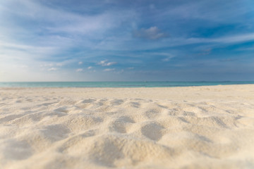 Fototapeta na wymiar Empty beach landscape. Sea sand sky concept. Calmness and loneliness concept of beach view and horizon under blue sky