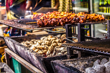 meat skewer grill barbecue food market on street