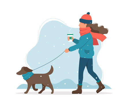 Woman Walking A Dog In Winter. Cute Vector Illustration In Flat Style