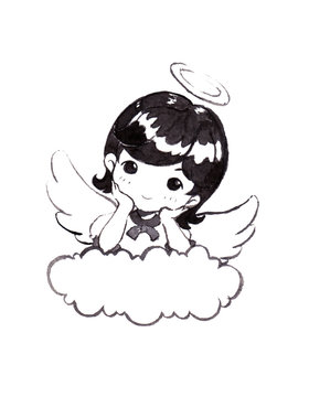 a cute angel girl with black hair lay her elbow on the cloud. hand painted Illustration on white background.