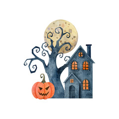 Halloween watercolor clipart isolated on white backdrop. Composition with moon, pumpkin, house and crooked tree. Hand drawn illustration.