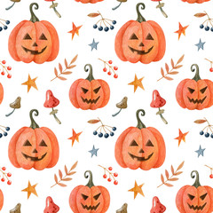 Halloween watercolor seamless pattern with pumpkins and mushrooms isolated on white background. Holiday hand drawn illustration.