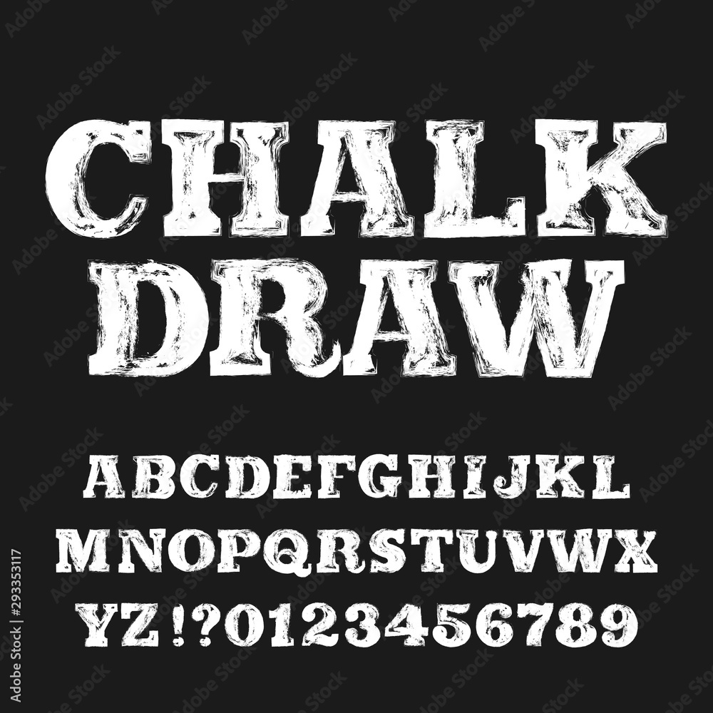 Fototapete chalk draw alphabet font. handwritten messy letters and numbers. stock vector typescript.