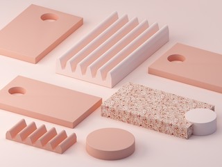 Minimal scene with podiums and abstract background. Geometric shape. Cream pastel colors colors scene. Minimal 3d rendering. Scene with geometrical and textured forms in cream background. 3d render.