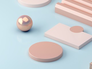 3d render. Minimal scene in pastel colors with podium and textured platforms. Geometrical forms in blue pastel color background. Trendy scene to show cosmetic products. Cylinder podium, mock up. 