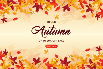 Autumn background with flat leaves. Seasonal lettering.web banner template.vector illustration