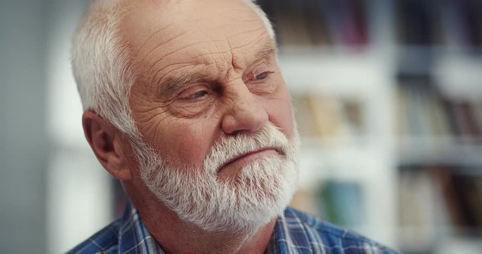Portrait of the old Caucasian serious man with a grey beard looking at the side and thinking about something. Inside. Close up.