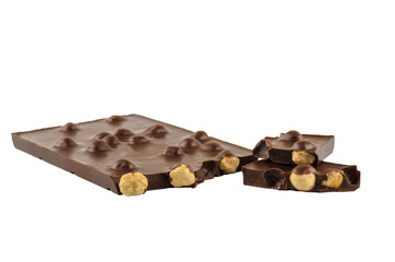 Chocolate with hazelnuts on a white background