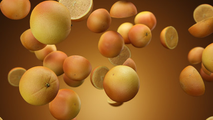 3d render falling oranges on an orange background