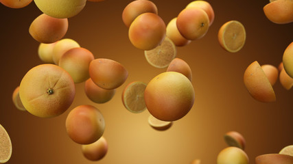 3d render falling oranges on an orange background