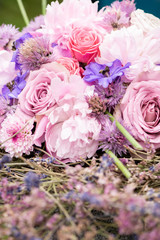 Close-up of beautiful flowers of roses and chrysanthemums in a bouquet for the holiday