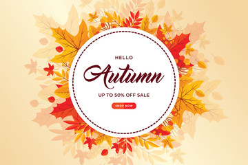 Autumn background with flat leaves. Seasonal lettering.web banner template.vector illustration