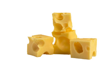 Hard cheese cubes on a white background