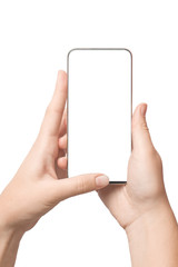 Woman holding smartphone in hand with blank screen isolated on white background with space for your text