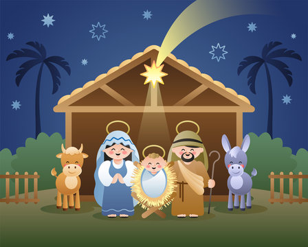 Christmas Nativity Scene with Holy Family and shooting Star of Bethlehem. Cute cartoon characters. Vector illustration.