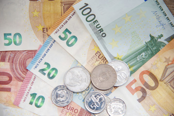 euro money cash business debt public background.Money bills in Euros. Money used to buy in the market, to invest in companies, industries. The banks use it to leave it and earn more money.