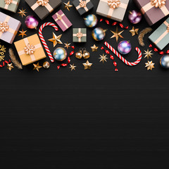 Merry Christmas and happy new year background. Christmas background design with ornaments on black background. 3D illustration.