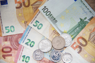 euro money cash business debt public background.Money bills in Euros. Money used to buy in the market, to invest in companies, industries. The banks use it to leave it and earn more money.