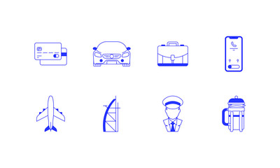 Set of vector illustration icons. Business, Travel, Dubai, Payment, Phone, Briefcase, Plane