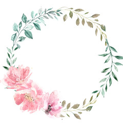 Fototapeta na wymiar Wreath of green leaves and pink flowers
