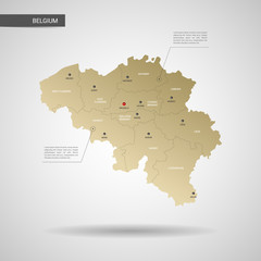 Stylized vector Belgium map.  Infographic 3d gold map illustration with cities, borders, capital, administrative divisions and pointer marks, shadow; gradient background.