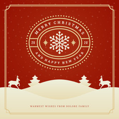 Merry christmas and happy new year text greeting card vintage typographic design, ornate decoration with reindeers