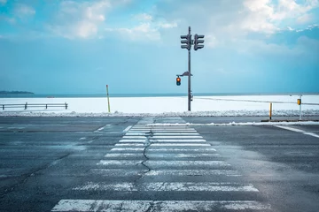 Deurstickers Lichtblauw Verkeerslichten en oversteekplaatsen voor voetgangers in een koud besneeuwd land, een verkeerslicht met sneeuw in de winter