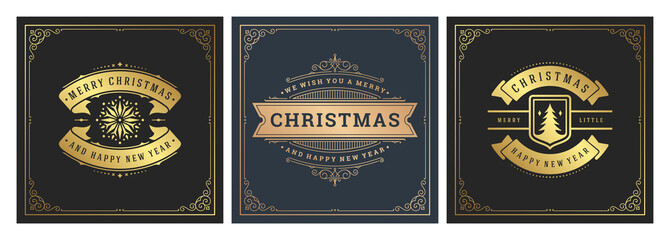 Christmas square banners vintage typographic design, ornate decorations symbols vector illustration