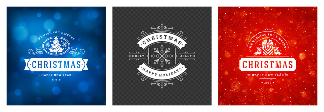 Christmas photo overlays vintage typographic design ornate decoration symbols with holidays wishes vector illustration