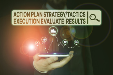Conceptual hand writing showing Action Plan Strategy Ortacti. Concept meaning Action Plan Strategy Or Tactics Execution Evaluate Results Male wear formal suit presenting presentation smart device