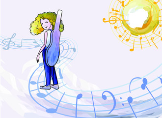 Sketch - a figure of a girl with a guitar case walking along the road from notes under the sun, with watercolor spots, violet-blue yellow