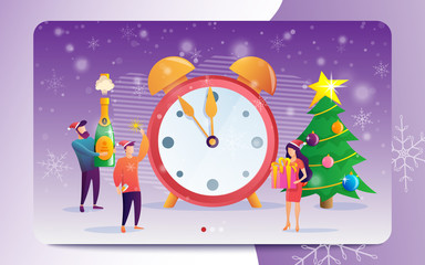 Happy New Year holiday celebration concept for web page. Cheerful people give gifts, open champagne and hold sparklers. Concept for website, web, homepage, landing page. Vector illustration