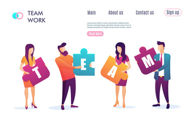 Business concept. Team metaphor. people connecting puzzle elements. Flat design colorful style. Symbol of teamwork, cooperation, partnership. Vector illustration