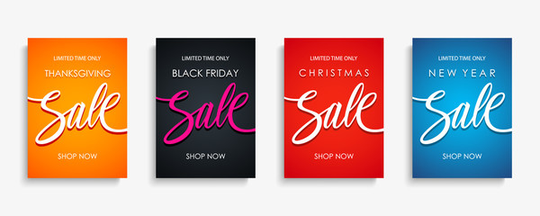 Thanksgiving, Black Friday, Christmas and New Year Sale flyers set  with hand lettering for business, holiday shopping, sale promotion and advertising. Vector illustration.