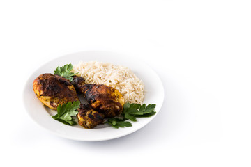 Roasted tandoori chicken with basmati rice in plate isolated on white background.Copy space