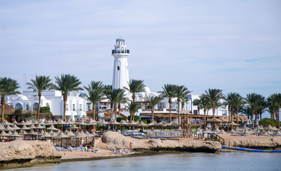 View of the coast with the buildings of the Sinai Peninsula of the Red Sea in Sharm el Sheikh