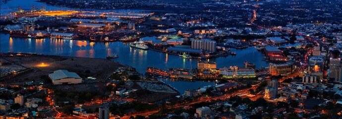 Aerial view of urban financial buildings skyline at night