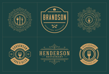 Restaurant logos templates set vector illustration good for menu labels and cafe badges